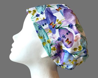 PASTEL MUSHROOMS Euro Style Scrub Cap, Snood, Regular or Long Pixie (Semi-Bouffant), Elastic Gathered with Optional Ties, Made in Canada