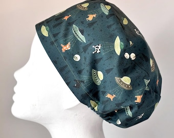 COW ABDUCTION European Style Surgical Scrub Cap or Snood for Women, Regular or Long Pixie, Elastic Gathered, Optional Ties, No Toggle