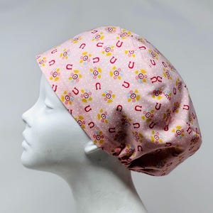 MINI PINK HORSESHOES European Style Surgical Scrub Cap or Snood, Regular or Long Pixie, Elastic Gathered, Optional Ties, Made in Canada
