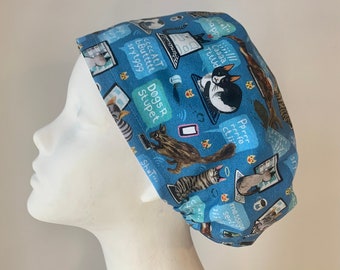 CAT ATTITUDE Euro Style Surgical Scrub Cap, Regular Pixie or Long Pixie(Semi-Bouffant), Elastic Gathered with Optional Ties, Made in Canada