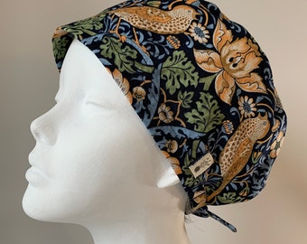 STRAWBERRY THIEF Part 2 (Morris & Co.) Euro Style Surgical Scrub Cap-Regular Pixie or Long Pixie - Elastic Gathered with Optional Ties