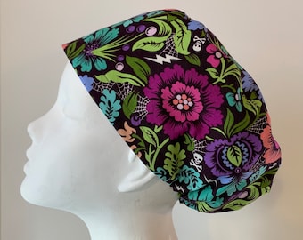 JEWEL TONE FLORAL Euro Style Surgical Scrub Cap, Regular Pixie or Long Pixie(Semi-Bouffant), Elastic Gathered, Optional Ties, Made in Canada