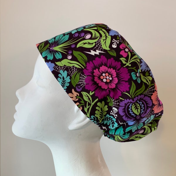 JEWEL TONE FLORAL Euro Style Surgical Scrub Cap, Regular Pixie or Long Pixie(Semi-Bouffant), Elastic Gathered, Optional Ties, Made in Canada