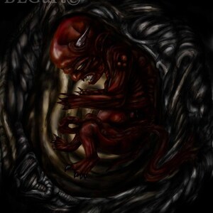 以下が含まれることがあります： 暗い洞窟のような空間で丸まっている、角、爪、尾を持つ赤い悪魔のような生き物のデジタルイラスト。 作品には、アーティストのサイン「BLGart」が左上にあります。 生き物の表情は、牙をむき出しにしていて、激しいです。