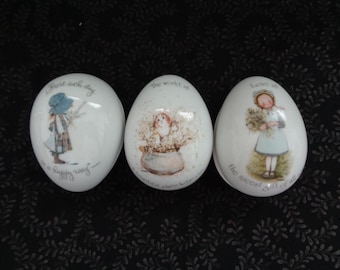 Set of Three Holly Hobbie Egg Shaped Trinket Boxes