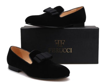 FERUCCI Black Velvet Slippers Loafers with Black Bow Flats Prom Wedding