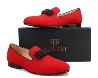 FERUCCI Red Velvet Slippers Loafers with Black Bow Flats Prom Wedding