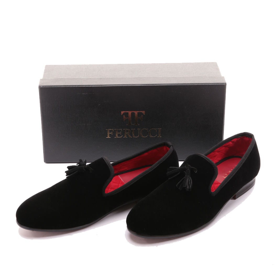FERUCCI Men Black Velvet Slippers Loafers With Black Tassel  display picture 1