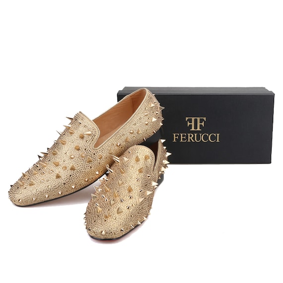 Rhinestone Ferucci Loafers FERUCCI Gold Spikes Slippers Loafers