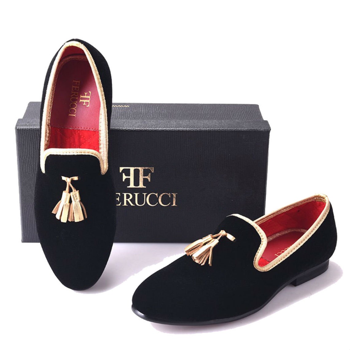 FERUCCI Black Velvet Slippers loafers with Gold Tassel Prom image 3