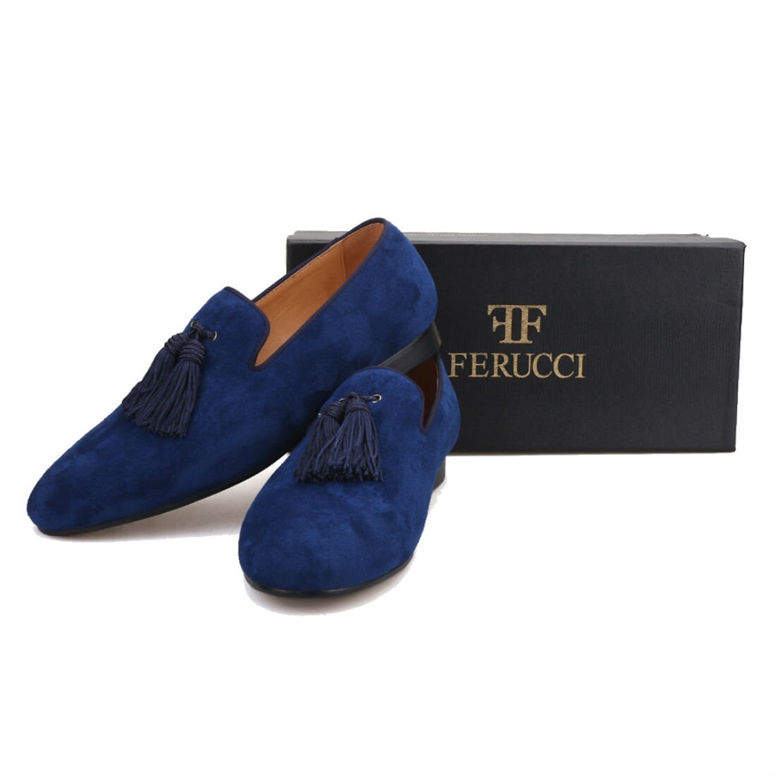 FERUCCI Blue Suede Slippers Loafers With Big Blue Tassel  display picture 3