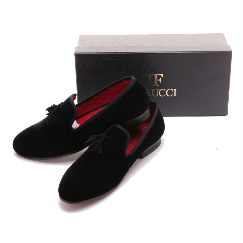 FERUCCI Men Black Velvet Slippers loafers with Black Tassel image 5