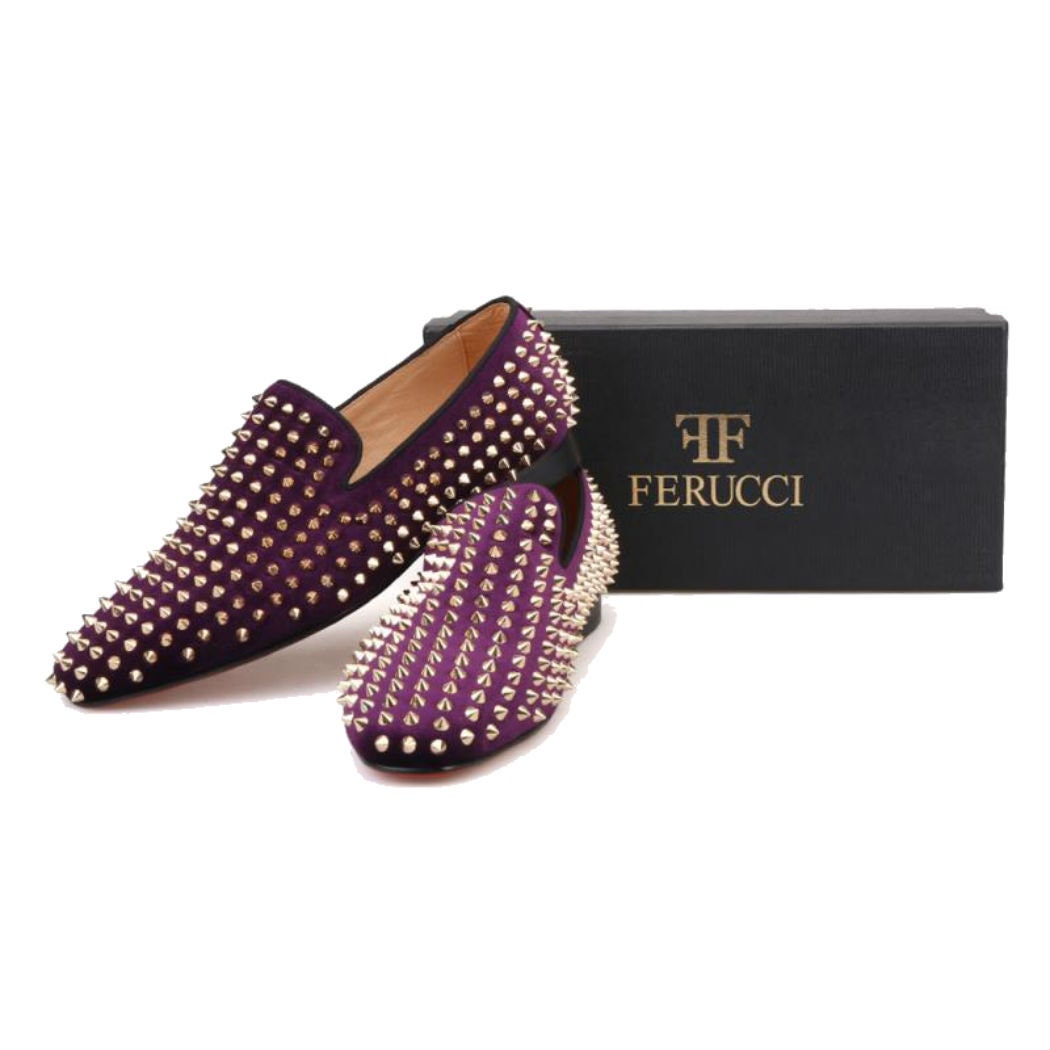 FERUCCI Purple Velvet Slippers Loafers Flat With Gold Spikes  display picture 3
