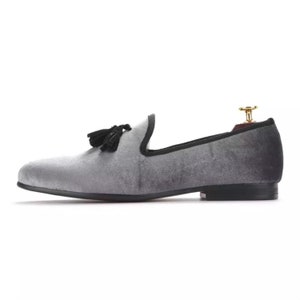 FERUCCI Gray Velvet Slippers loafers with Black Tassel Prom Wedding
