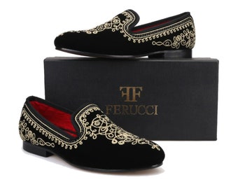 FERUCCI Men Black Velvet Slippers loafers Flats with Gold embroidered Threads Prom Wedding