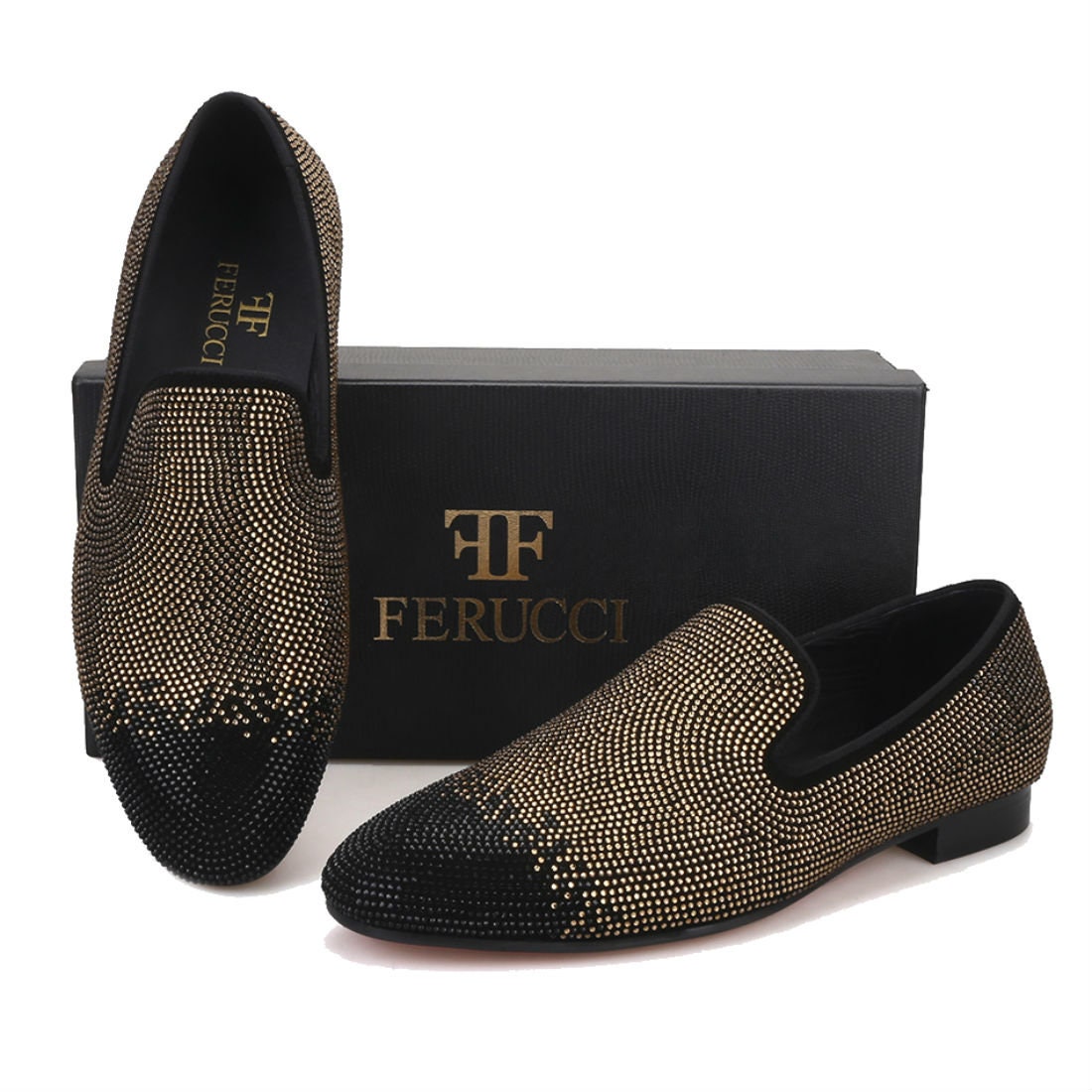 FERUCCI Black Gold Crystal Rhinestones Slippers Loafers Prom  display picture 3