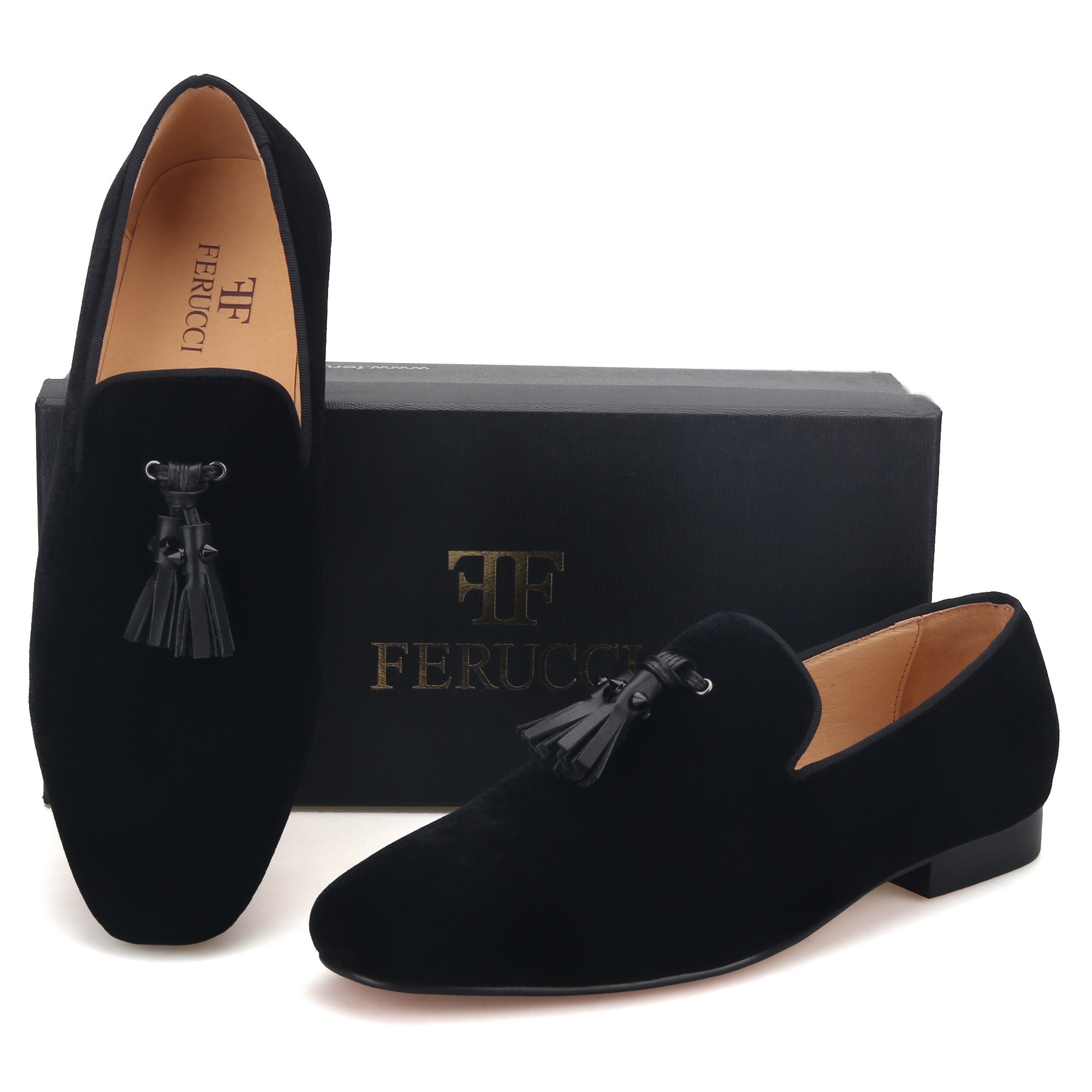 FERUCCI BLACK SUEDE WITH LEATHER TASSEL  LOAFER SIZE 9 PROM WEDDING LOA… FERUCCI Men Plain Black Velvet Spiked Tassel Slippers  main image 4