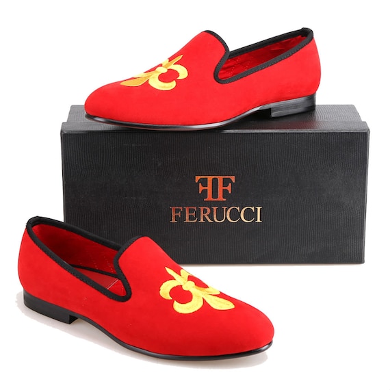 FERUCCI Men Red Velvet Slippers Flats Loafers With Gold  display picture 1
