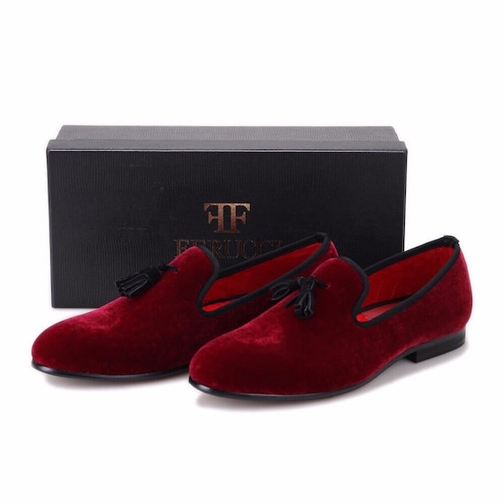 FERUCCI BURGUNDY VELVET BLACK SPIKES SLIPPERS  LOAFER SIZE 14 PROM WEDDING SHOES FERUCCI Burgundy Velvet Slippers Loafers With Black Tassel  main image 3