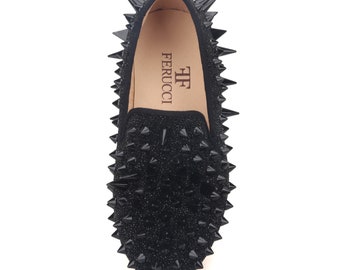 FERUCC Black Spkes Slppers Loafers Flat Wth Crystal GZ Rhnestone