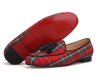FERUCCI - Zapatillas escocesas rojas para hombre, mocasines con borlas de cuero para graduación y boda
