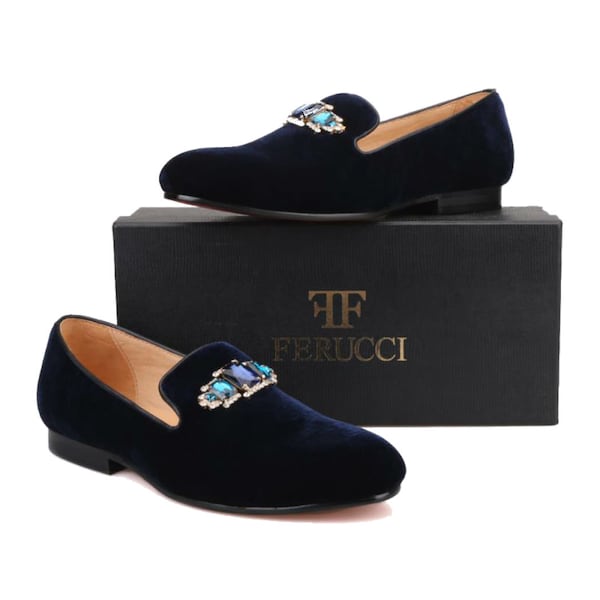 FERUCCI Men Black Velvet Slippers loafers Flats with Blue Brooch Prom Wedding