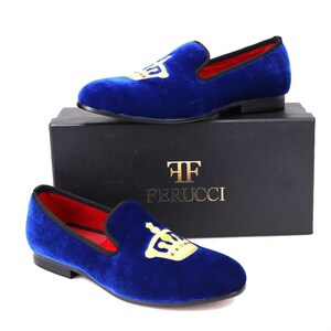 FERUCCI Men blue Velvet Slippers loafers with Gold Crown Prom Wedding