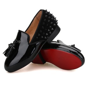 FERUCCI Kids Children Black Studded Patent Leather Spiked Tassel Slippers Loafers Shoes  Wedding