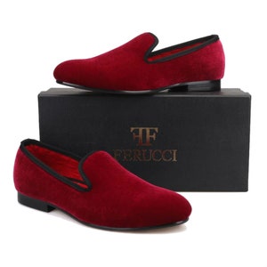 FERUCCI Men Plain Burgundy Velvet Slippers Loafers Flats Prom Wedding