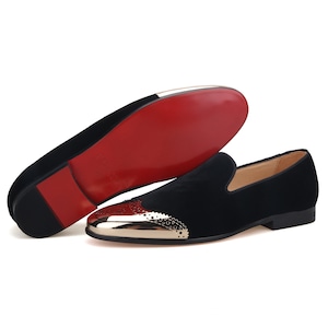 FERUCCI Black Velvet Slippers Loafers with Gold Toe Flats Prom Wedding