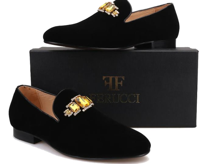 Men FERUCCI Black Slippers Loafers Flat With Gold Printing