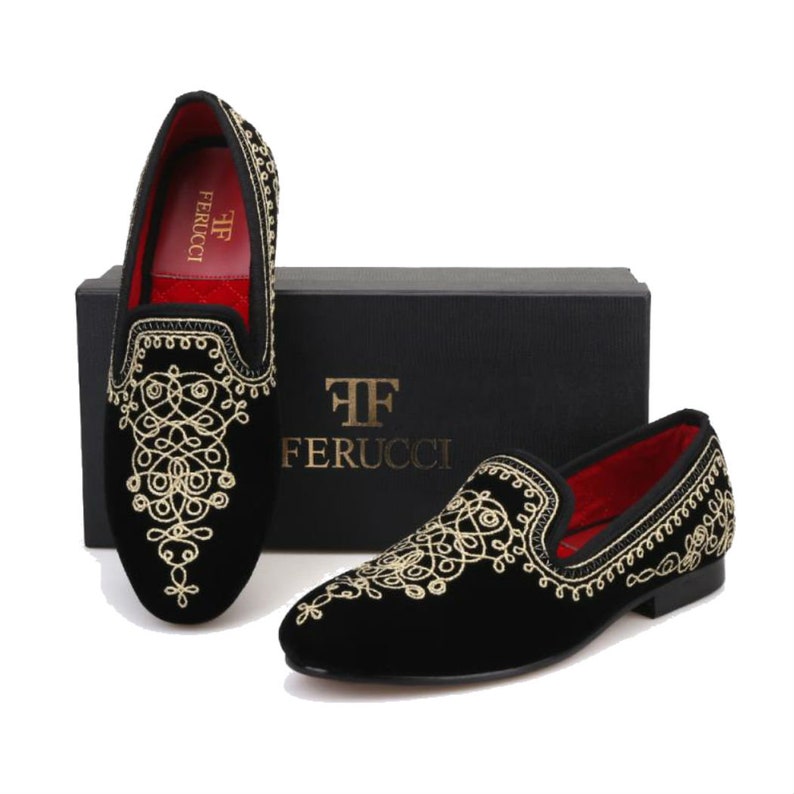 FERUCCI Men's Black Velvet Slipper Loafers – Leather Sole, With Black Ribbon – Made In USA
