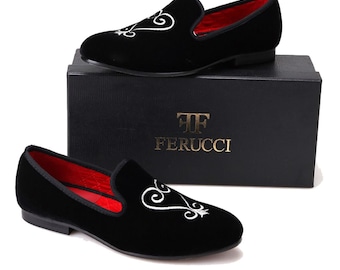 FERUCCI Men Black Velvet Slippers Flats loafers with Silver Embroidery Prom Wedding