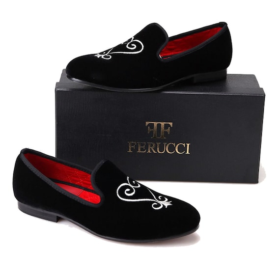 Black Velvet Men\'s Loafers with Red and White Embroidery Amazon.com | FERUCCI Handmade Men Black Velvet Slippers  main image 3