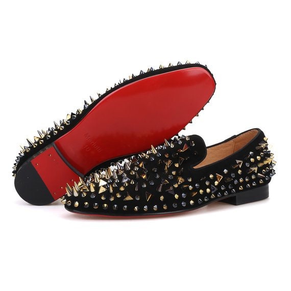 Men's Leather Spikes Loafers Gold Shoes with Red Bottom Slip on  Slippers Flats