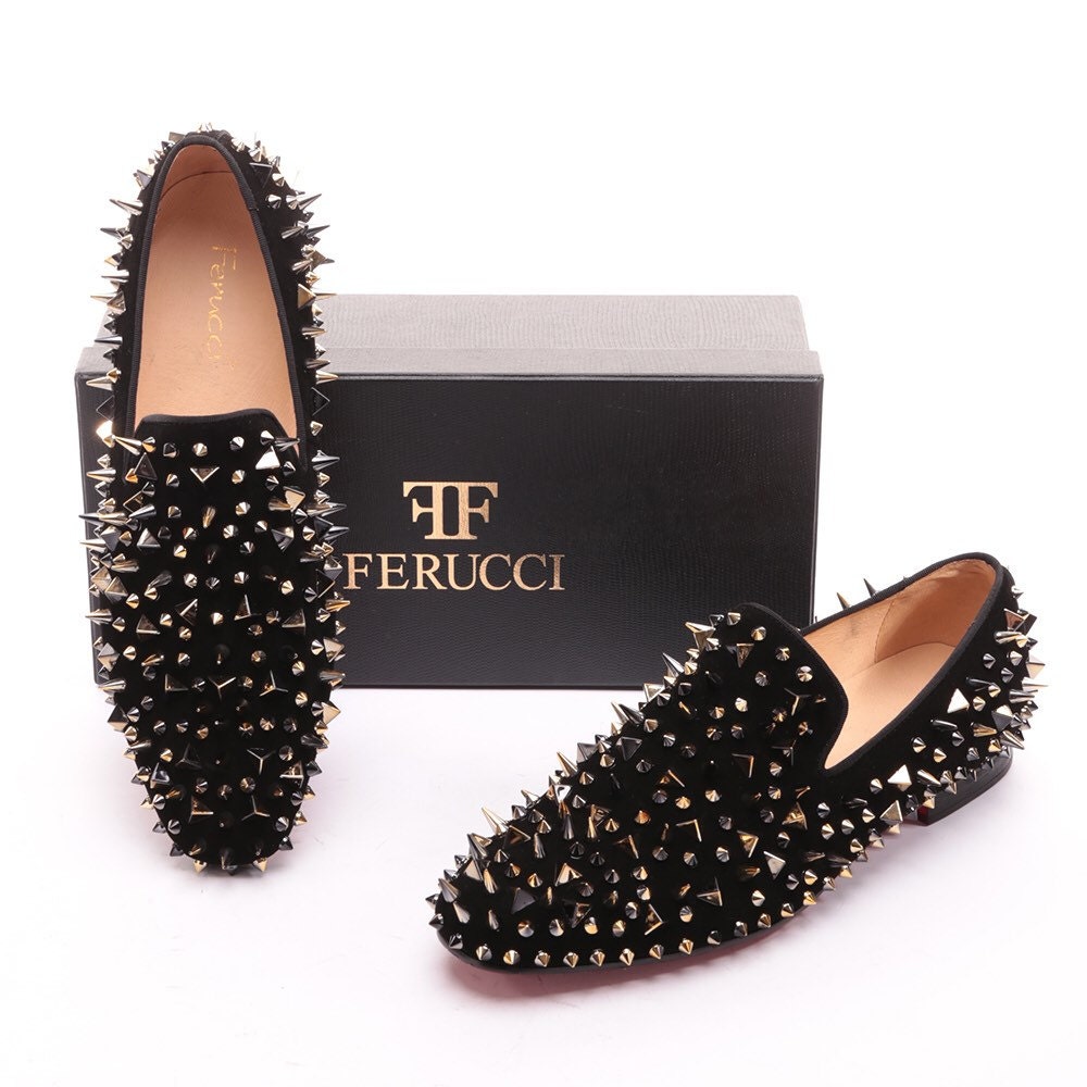 FERUCCI Black Velvet Slippers Loafers Flat With Gold Spikes  display picture 3