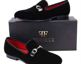  FERUCCI Men Black Velvet Slippers Loafers Flat with Gold Spikes  (6)