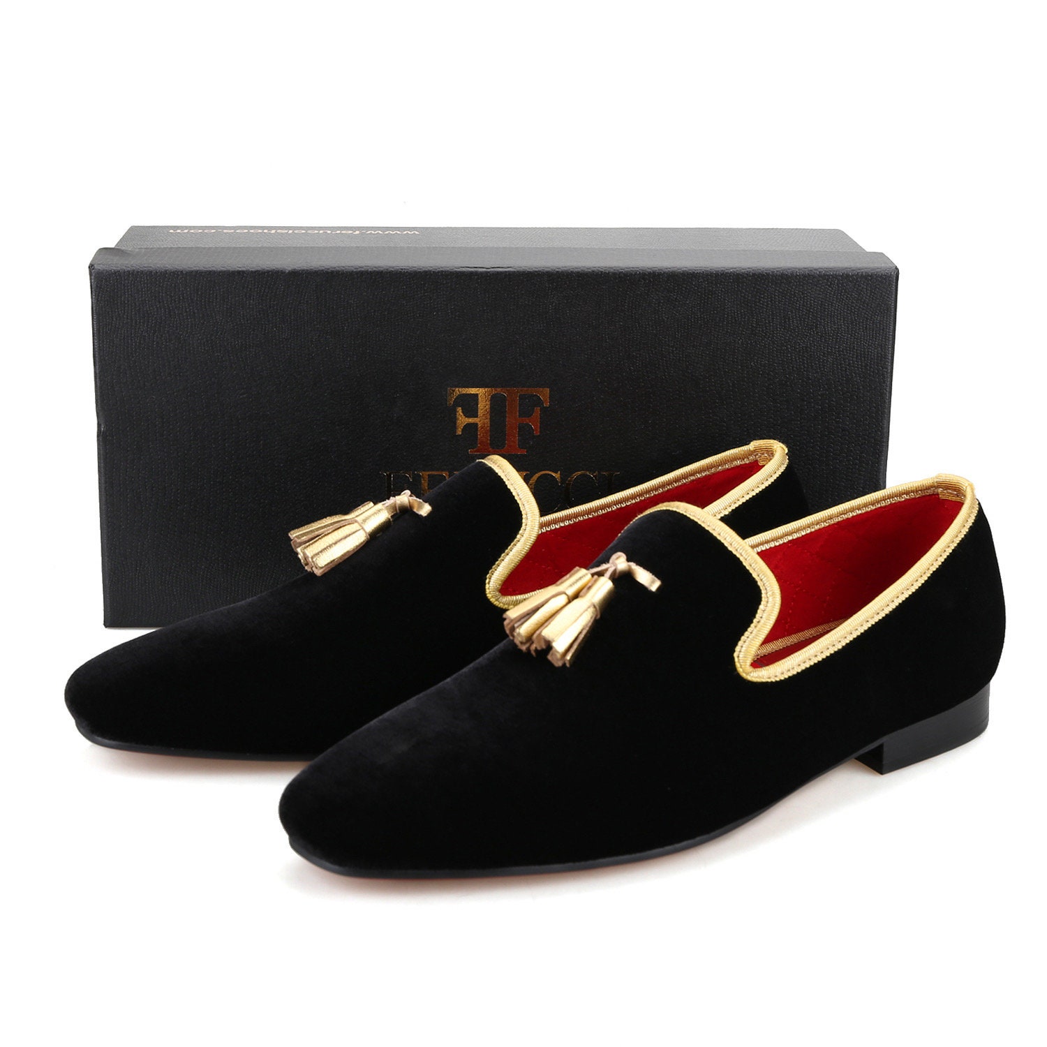 FERUCCI Men Black Velvet Square Toe Gold Tassel Slippers  display picture 1