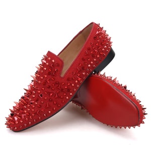 FERUCCI Red Spikes Slippers Loafers Flat With Red Rivets Crystal GZ Rhinestone Prom Wedding