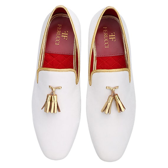 FERUCCI Men White Velvet Square Toe Gold Tassel Slippers 
