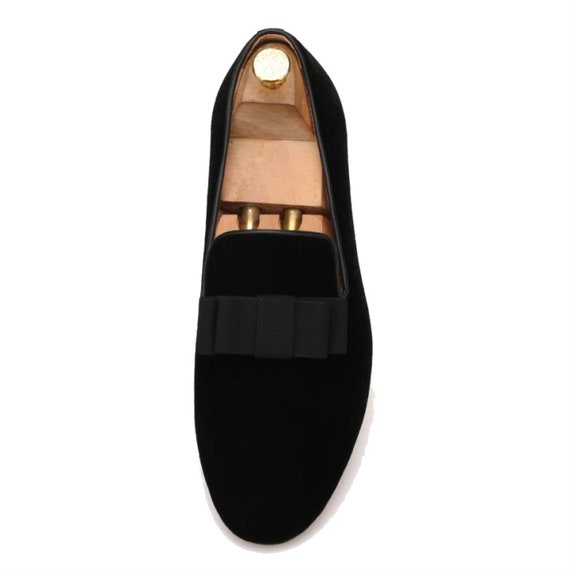 Men’s FERUCCI Black Velvet Loafers – Slip-Ons With Black Bow – Wedding/Prom Shoes