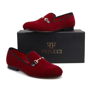 FERUCCI Burgundy Velvet Slippers Loafers Flat With  Gold Horsebit Prom Wedding