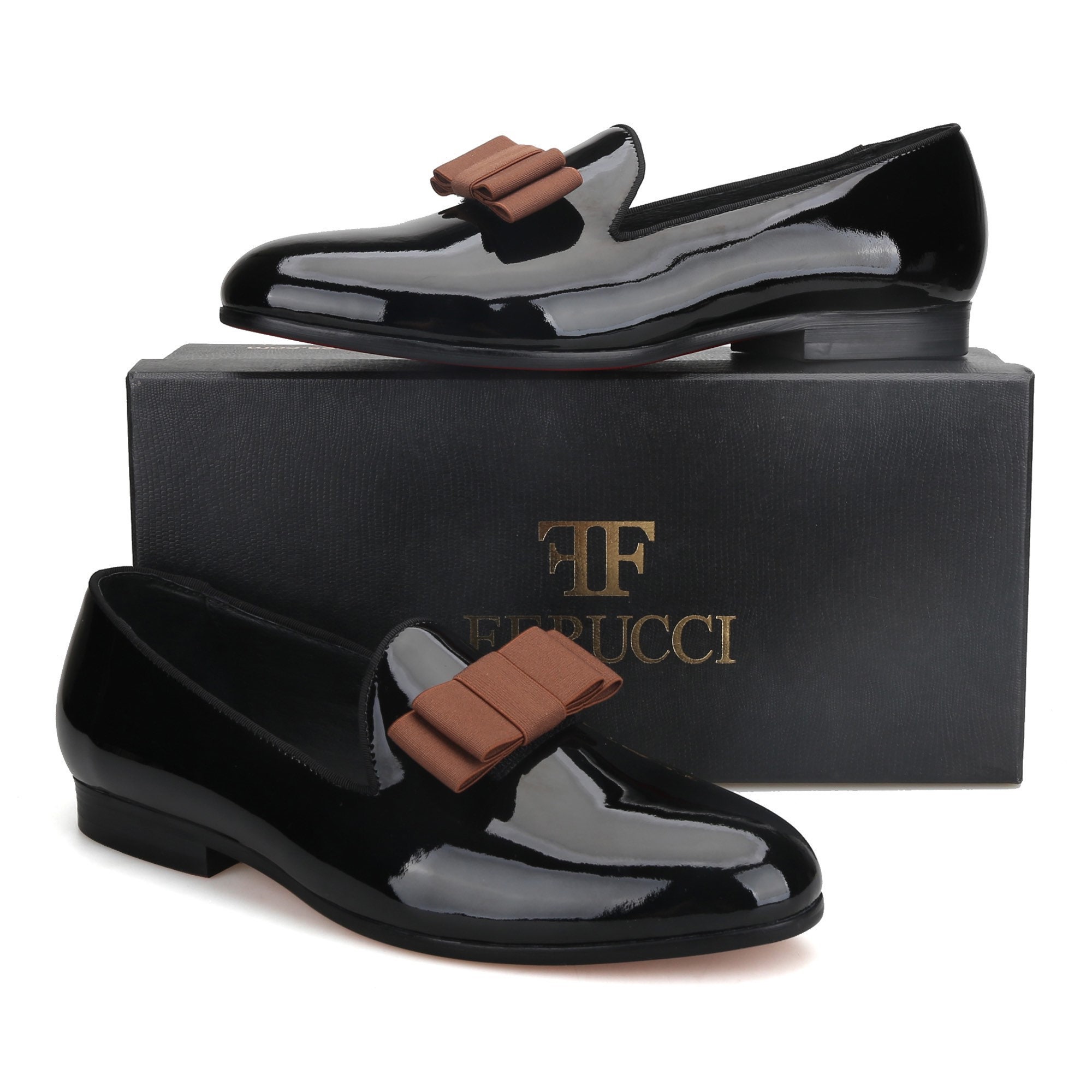 FERUCCI Black Patent Leather Slippers Loafers With Brown Bow  display picture 2