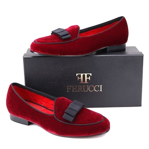 FERUCCI Men Plain Burgundy Velvet Slippers Loafers with Black Bow Flats Prom Wedding