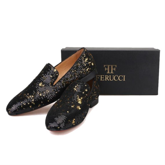 Ferucci Shoes Mens Size‎ 7 Black Gold Sequin Loafers Dress Slip On Party Formal Amazon.com | FERUCCI Men Black Gold Sequins Slippers Loafers  main image 4