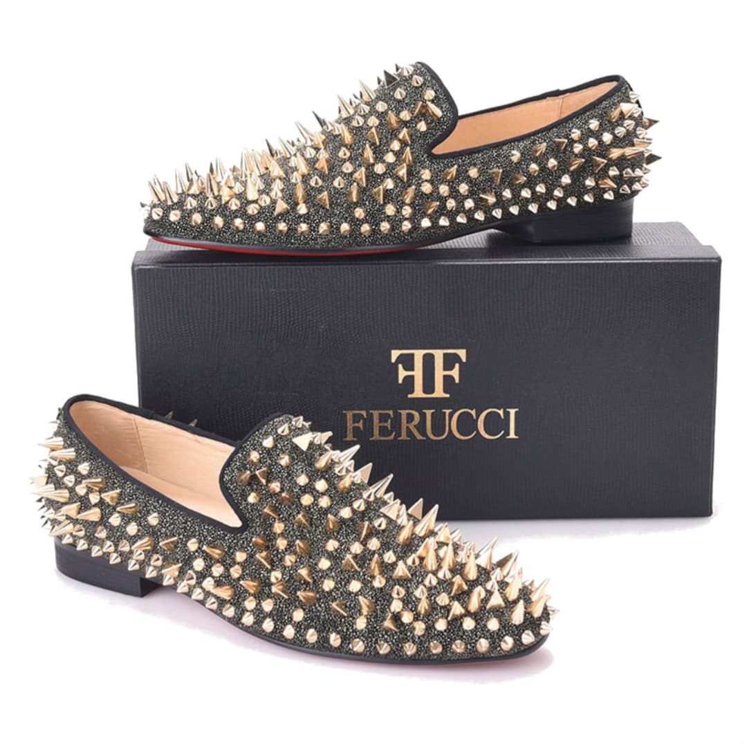 FERUCCI Gray velvet slippers Loafers Flat With Gold Spikes Rivets Prom Wedding