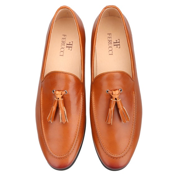 FERUCCI Brown Leather Slippers Loafers With Brown Tassel  display picture 1