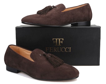 FERUCCI Brown Suede Slippers Mocassins avec Big Brown Tassel Flats Prom Mariage