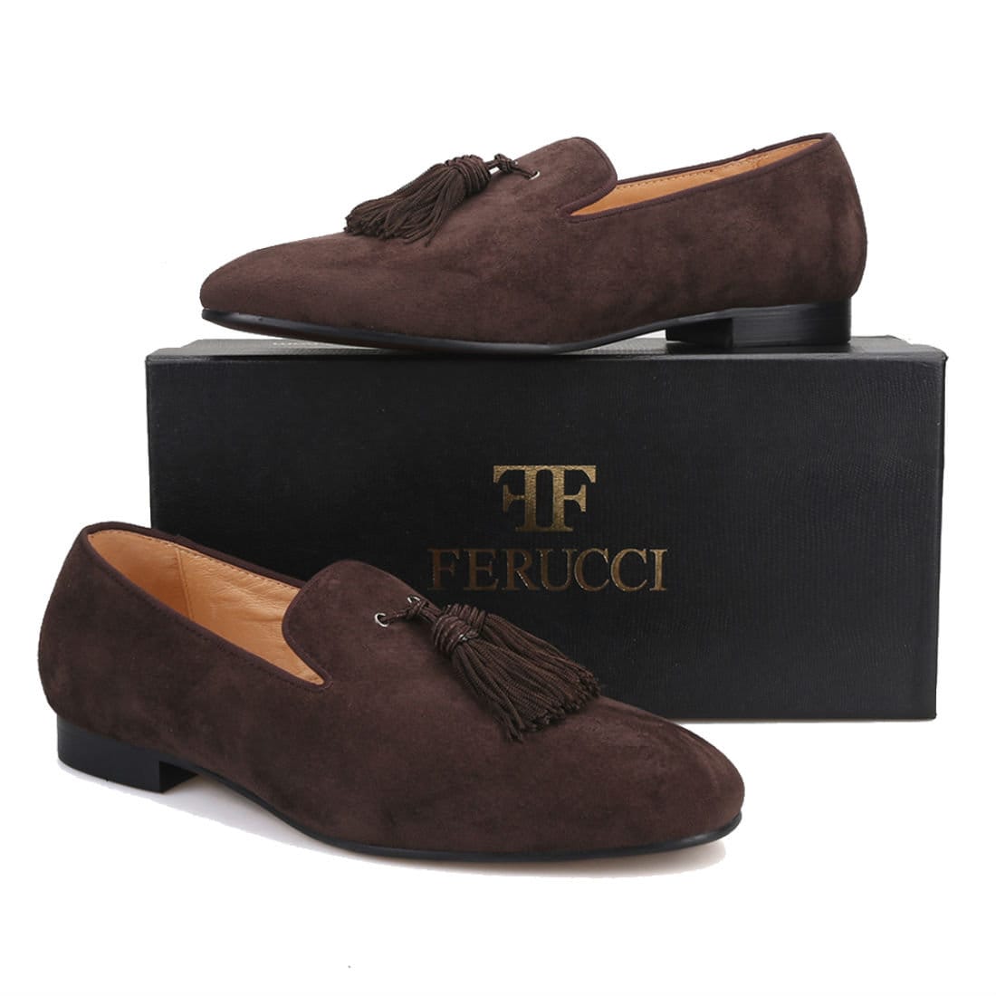 FERUCCI Brown Suede Slippers Loafers With Big Brown Tassel  display picture 3