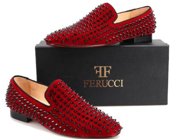 FERUCCI Burgundy velvet slippers Loafers Flat With Black Spikes Rivets Prom Wedding